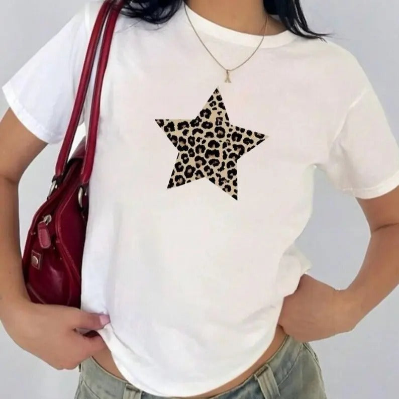 Leopard print star baby tee, animal print babytee, trendy y2k Collar Cotton Hoodie, Sweatshirt | GrindPrints.com