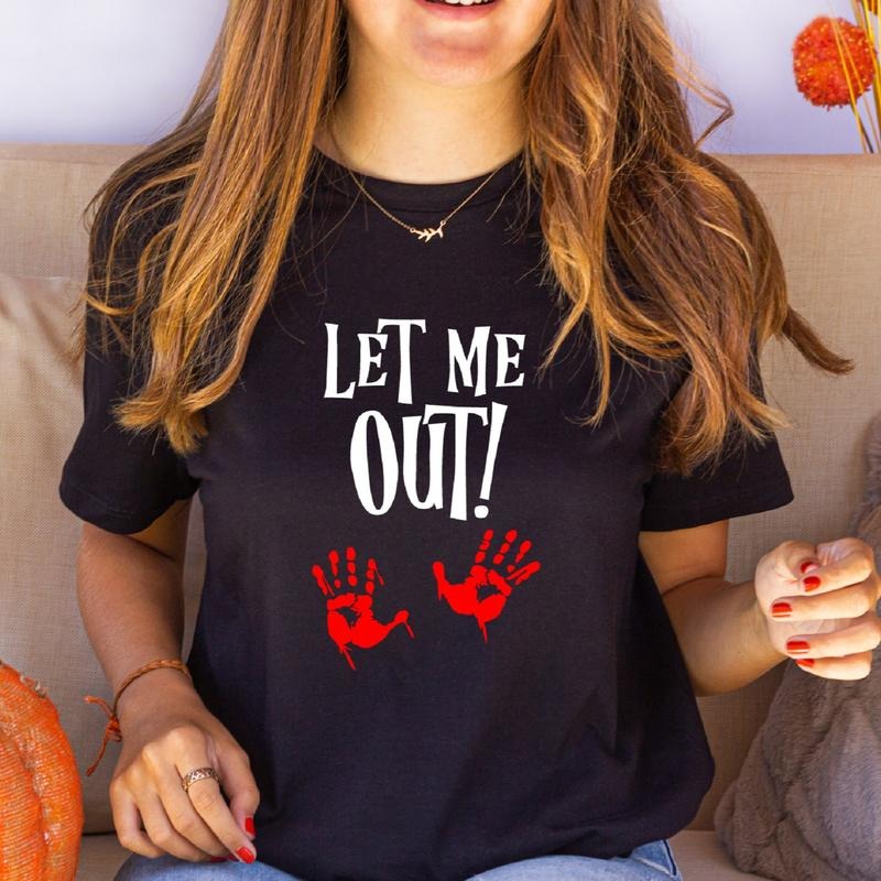 Let Me Out Halloween Maternity Shirt Spooky Pregnancy Announcement New Mom Be Pregnancy Horror T-Shirts, Hoodie, Sweatshirt