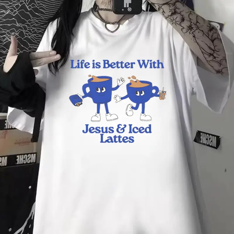 Life Is Better With Jesus & Iced Lattes Unisex Washed T-Shirt Hoodie, Sweatshirt | GrindPrints.com