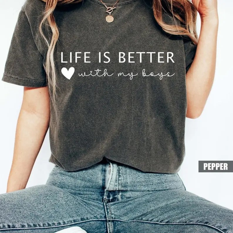 Life Is Better With My Boys Comfort Colors T-shirt, Mom Life Outfit, Boy Mama Tee Womenswear Collar Cotton Fabric Soft...