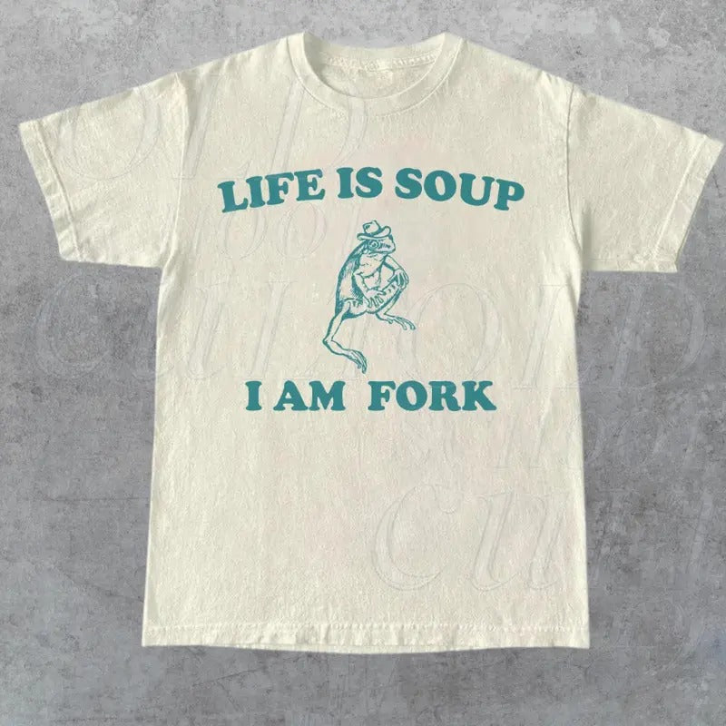 Life Is Soup I Am Fork Frog Graphic T Shirt, Unisex Funny Retro Shirt, Funny Frog Meme Tee, Vintage Style Relaxed Cotton...