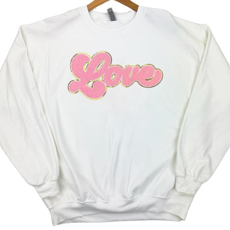 Light Pink Chenille Love Patch Sweatshirt -- WHITE T-Shirts, Hoodie | GrindPrints.com
