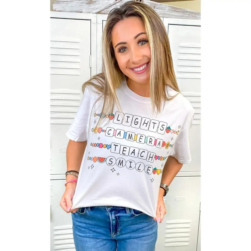 Lights Camera Teach Smile White Graphic T-Shirt Hoodie, Sweatshirt | GrindPrints.com