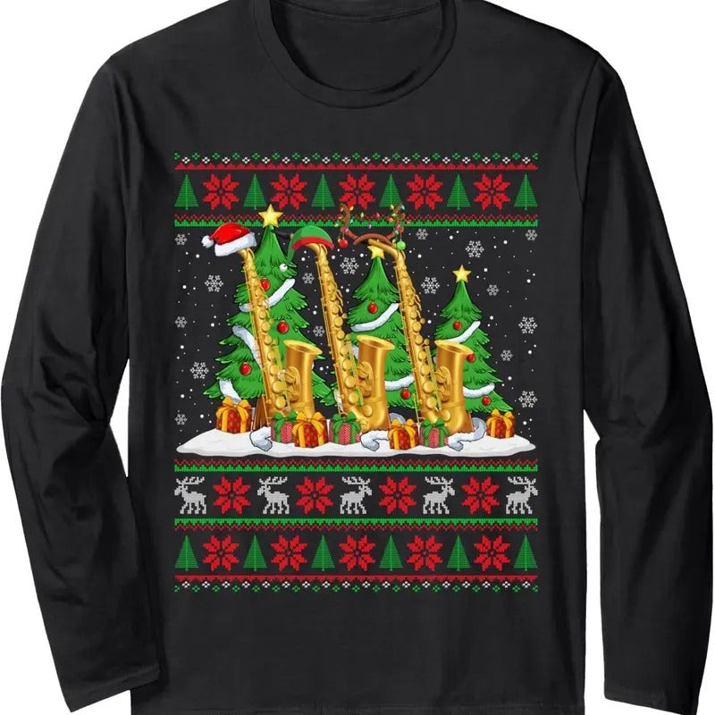 Lights Xmas Sweater Style Ugly Santa Saxophone Christmas Long Sleeve T-Shirt Hoodie, Sweatshirt | GrindPrints.com