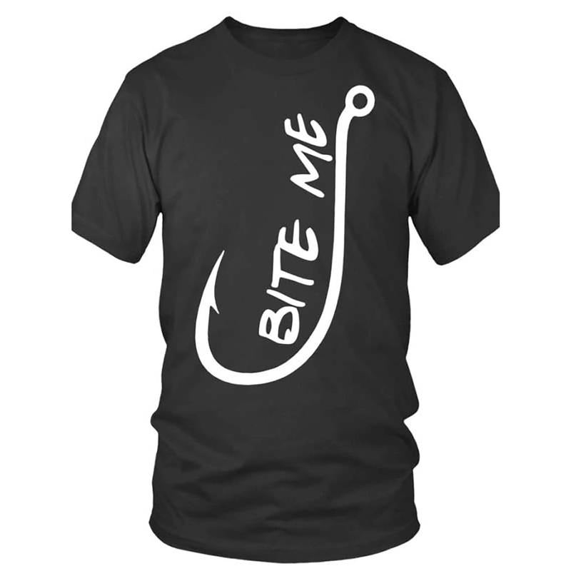 Limited Edition  Bite Me Funny Graphic T-Shirt - Humorous Fishing Hook Design, Short Sleeve, Black Color, Men's Casual...