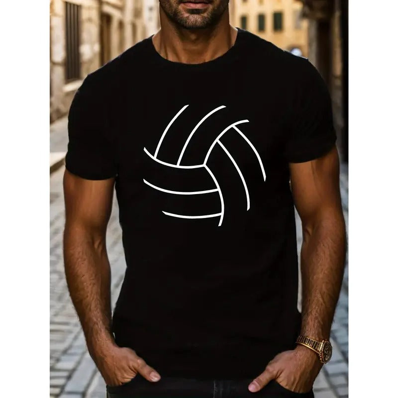 Line Volleyball Print T-shirt, Stylish & Breathable Street Fashion For Men, Simple Lightweight Comfy Top, Casual Crew...