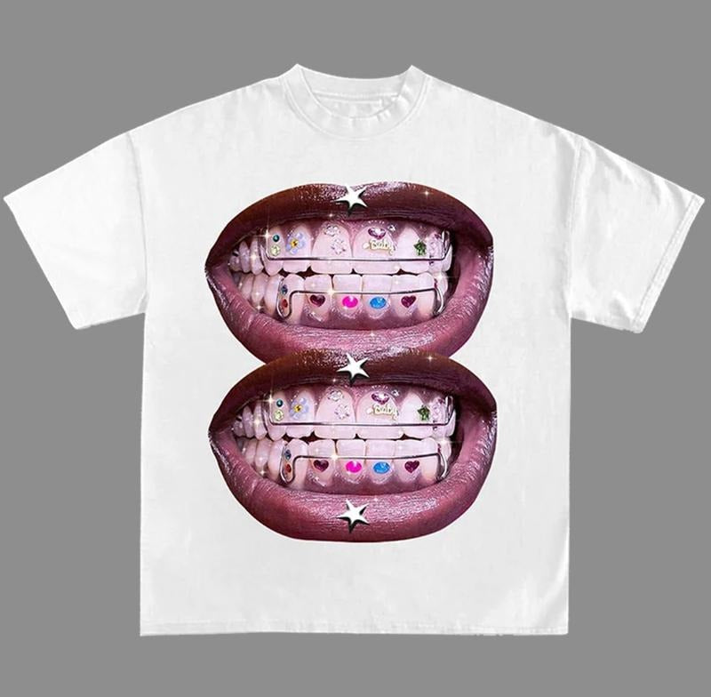 Lip Grill Graphic Print Street Cotton T-Shirt Y2K Style Hoodie, Sweatshirt | GrindPrints.com