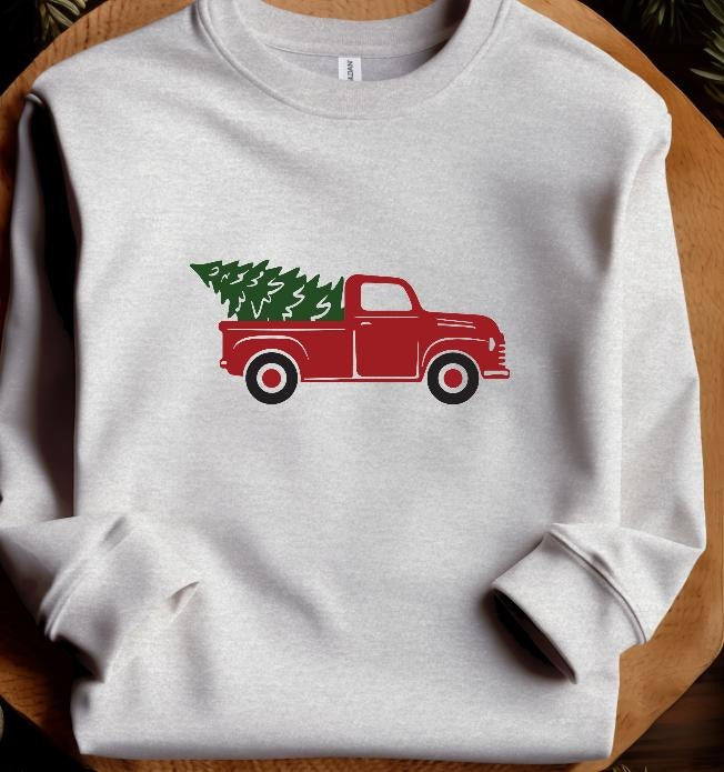 Little Red Truck Hauling a Christmas Tree Sweatshirt Festive T-Shirts, Hoodie | GrindPrints.com