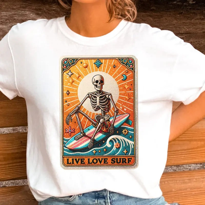 Live Love Surf Skull Tarot Tee Summer Live Love Surf Skeleton Tee Beach Tarot T-Shirt Hoodie, Sweatshirt | GrindPrints.com