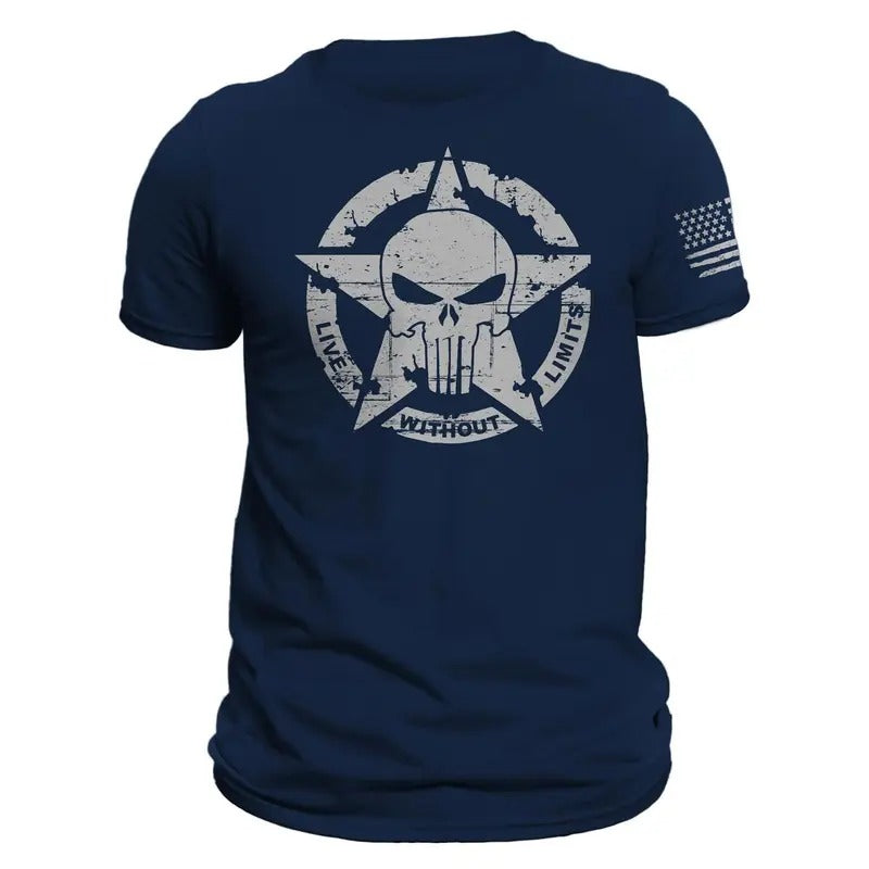 Live Without Limits US Skull Distressed Design With Flag on Sleeve Men's T-Shirt Hoodie, Sweatshirt | GrindPrints.com