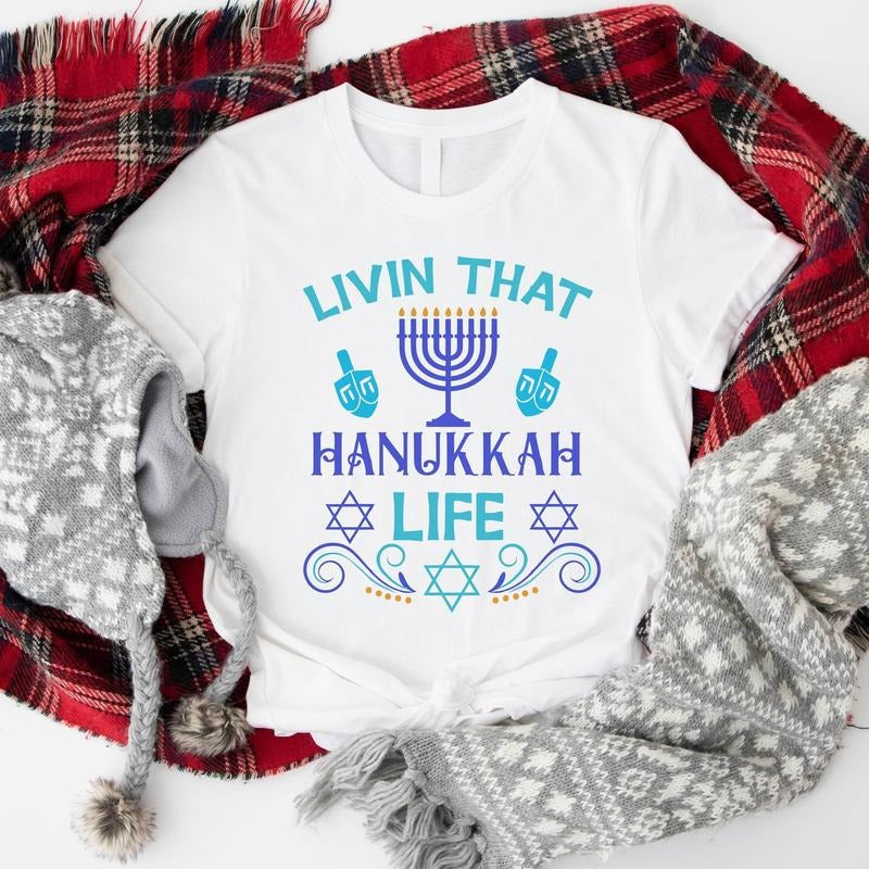 Livin' That Hanukkah Life Shirt, Hanukkah T-Shirt, Jewish Holiday Tee, Religious Gift Shirt for Jewish, Menorah Tee,...
