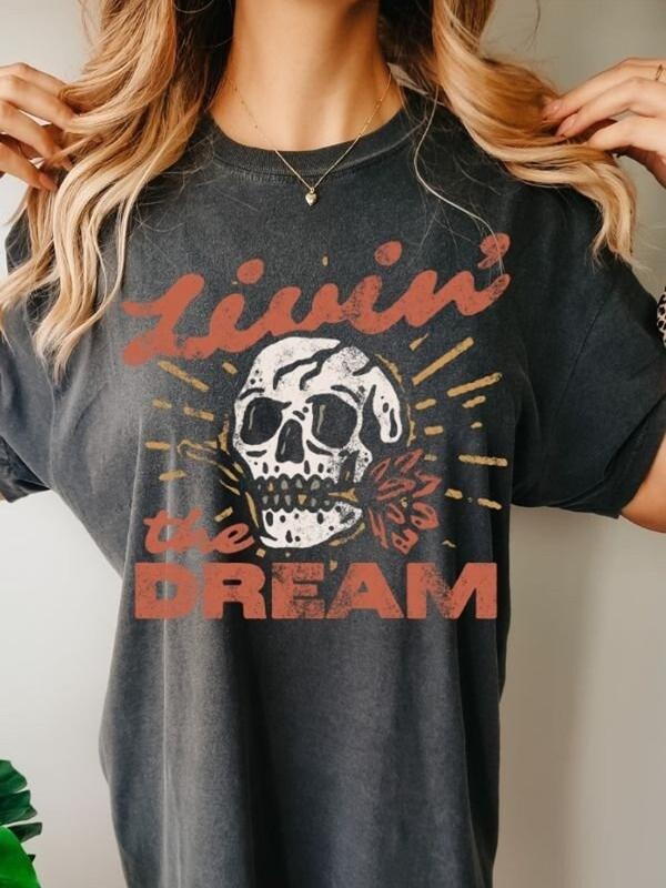 Livin the Dream Tee, Dreamer TShirt, Cute Skeleton T Shirt, Boho Western Shirt Hoodie, Sweatshirt | GrindPrints.com
