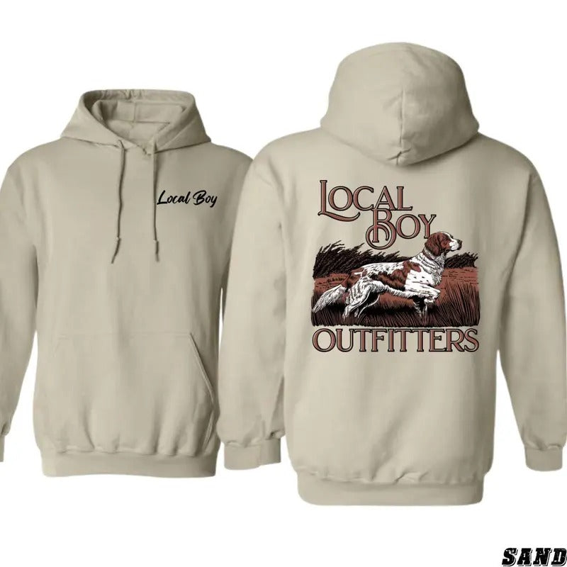 Local Boy Outfitters Hoodie Sweatshirt T-shirt, Classic Hunting Dog Graphic for Outdoor Enthusiasts Tops | GrindPrints.com