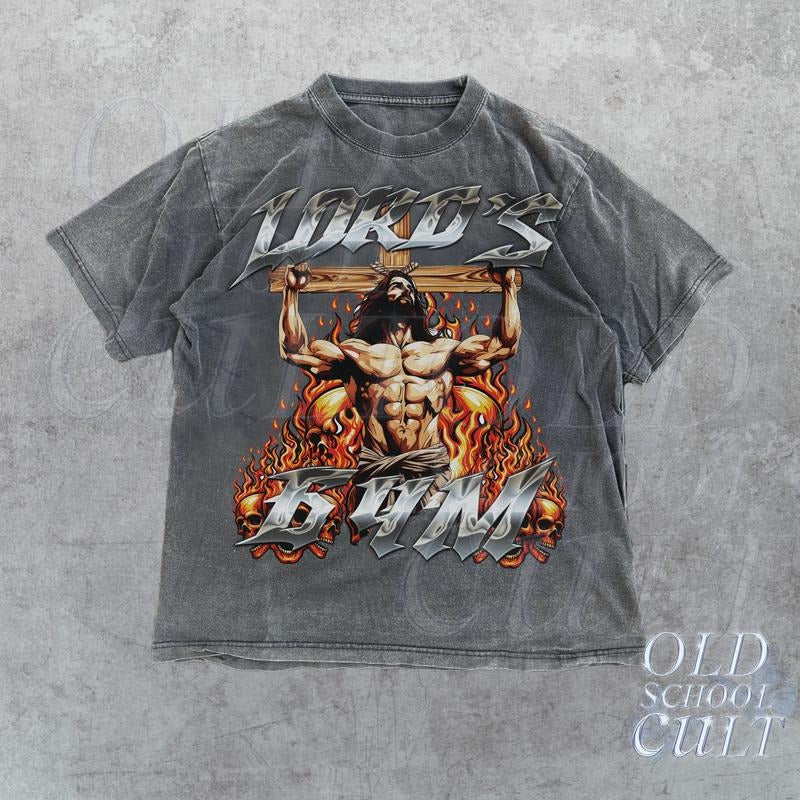 Lords Gym Flames Vintage 90s Shirt Jesus Cross Pump Cover Skull Shirt Gothic Gym Shirt Christian Retro Y2k Gym T-Shirts, Hoodie, Sweatshirt