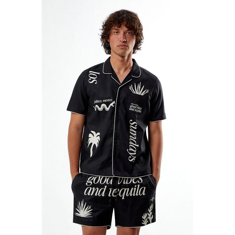 Los Sundays Men's Good Vibes Woven Camp Shirt Hoodie, Sweatshirt | GrindPrints.com
