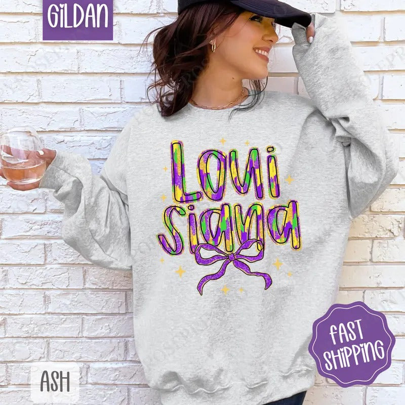 Louisiana Bow Sweatshirt, Coquette Mardi Gras Bow Crewneck, Holiday Women's Sweater T-Shirts, Hoodie | GrindPrints.com