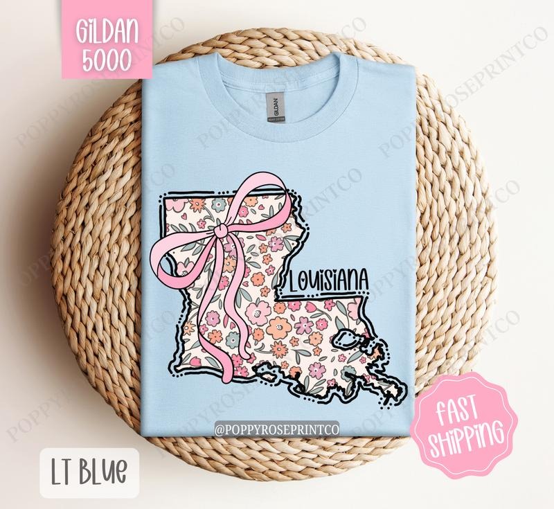 Louisiana Gildan T-shirt, Cute Louisiana State Shirt, Louisiana Floral Bow Tee Hoodie, Sweatshirt | GrindPrints.com