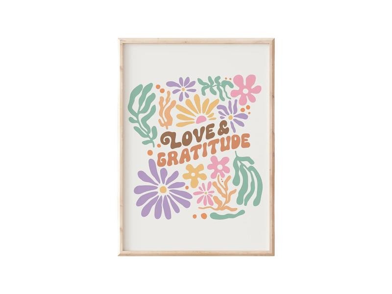 Love And Gratitude Print, Positive Quote Print, Trendy Retro Boho Floral Art, Gifts For Him Her Wall Art, Poster Prints...