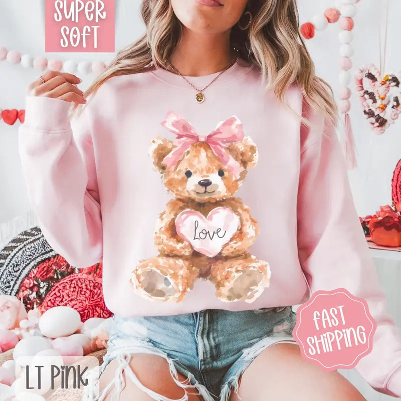Love Teddy Bear Sweatshirt, Valentine's Day Crewneck, Holiday Women's Sweater T-Shirts, Hoodie | GrindPrints.com