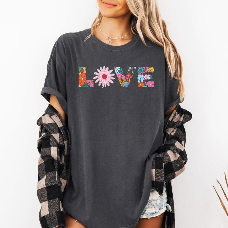 Love, Retro, Distressed, Flowers, Floral, Comfort Colors T-Shirt, Women's Comfort Colors Tee Hoodie, Sweatshirt