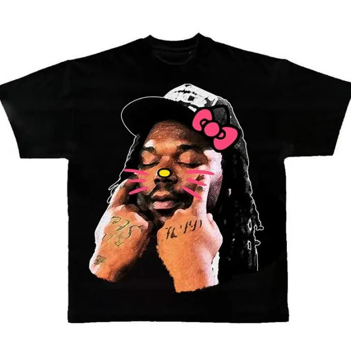 Lucki Black Face Tee Kitty T-Shirt - Cotton Fabric - Men's Streetwear Top Hoodie, Sweatshirt | GrindPrints.com