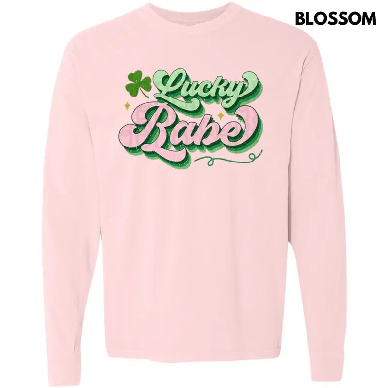 Lucky Babe Shamrock Long Sleeve Comfort Colors T-Shirt Hoodie, Sweatshirt | GrindPrints.com