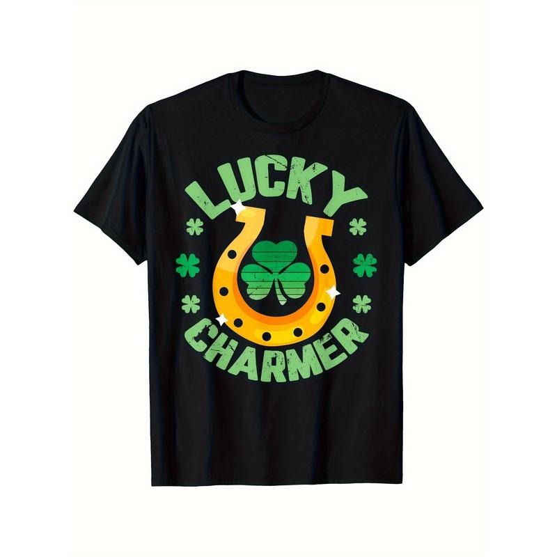 Lucky Charm St. Patrick'S Day 100% Cotton Crew Neck Short Sleeve Black Green & White Shamrock & Horseshoe Relaxed Fit Sizes S XXXL Lightweight 180g Festivities Made Usa T-Shirts, Hoodie, Sweatshirt