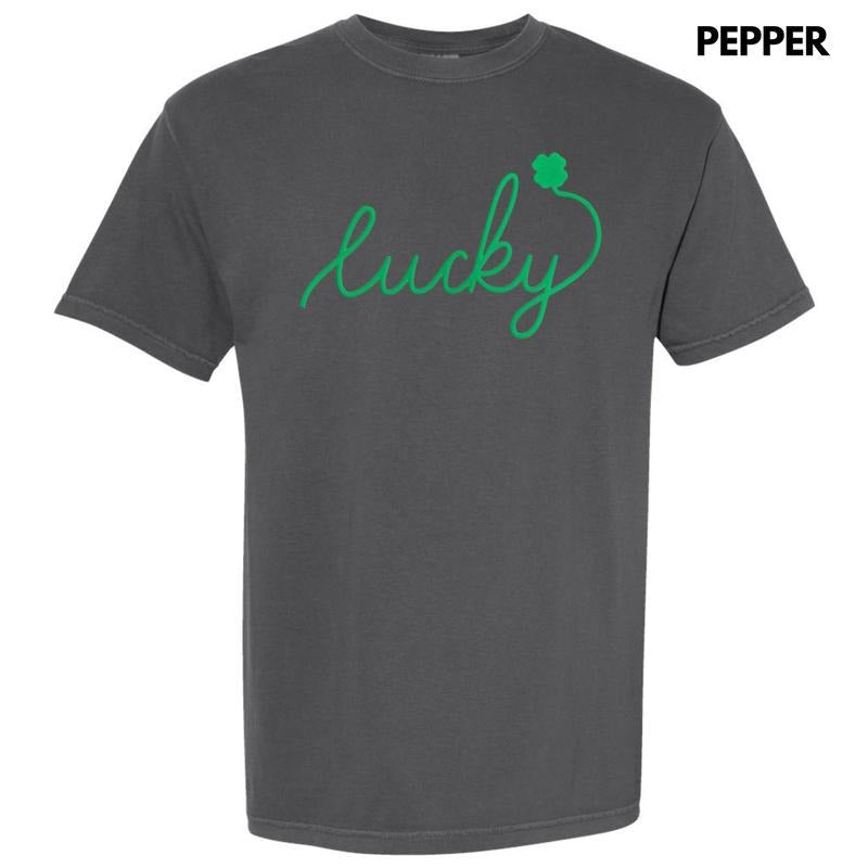 Lucky Cursive Green Puff Comfort Colors T-Shirt Hoodie, Sweatshirt | GrindPrints.com