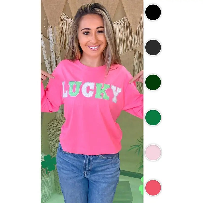 Lucky St Patricks Day Sequin Graphic Long Sleeve Shirt Hoodie, Sweatshirt | GrindPrints.com