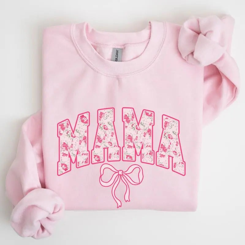 MAMA Pink Chinoiserie Coquette Bow Sweatshirt, Pink Ribbon, Pink Bow Lovers, Soft Mom, Soft Girl Ear Trendy Bow Shirt,...