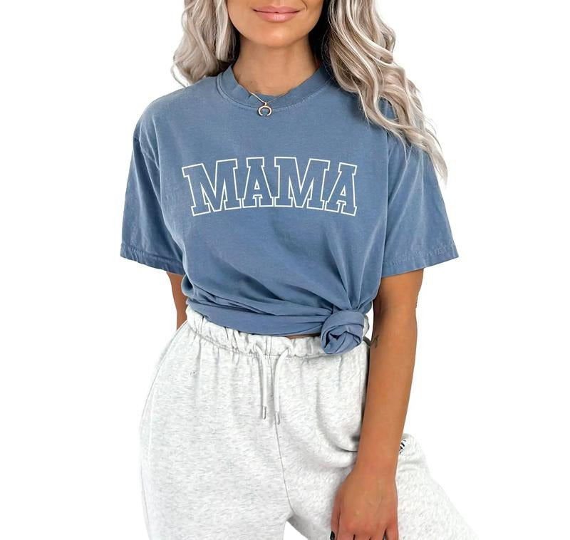 MAMA Short Sleeve Comfort Colors College Block Tee, Oversized Vintage T-Shirt, Crewneck Top For Women, Casual Short...