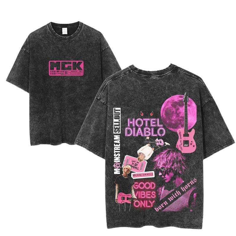 MGK Hotel Diablo Graphic Tee, Machine Gun Kelly Born With Horns Shirt, Vintage Rock Style, Pink Grunge Music Merch,...