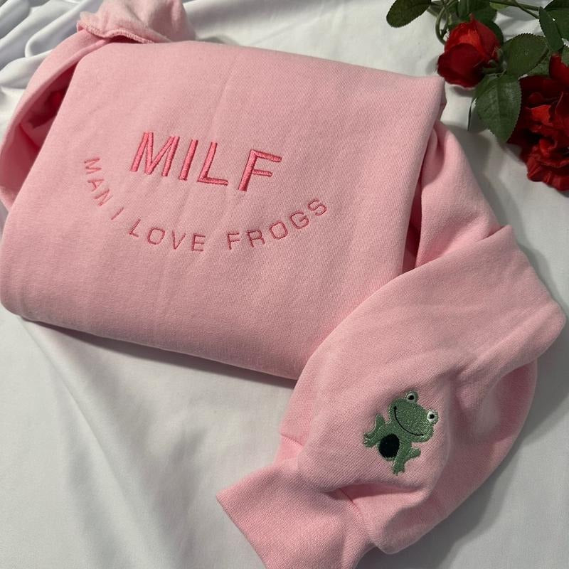 MILF, man I love frogs embroidered sweatshirt, funny gifts for her, women sweatshirt, oversized crewneck Cotton Cotton...