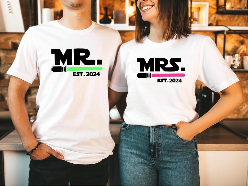 MR & MRS Est 2024 Shirt, Matching Couples Honeymoon T-Shirt, Bride And Groom Tee, Wedding Party Gift Tee, Wife Husband...