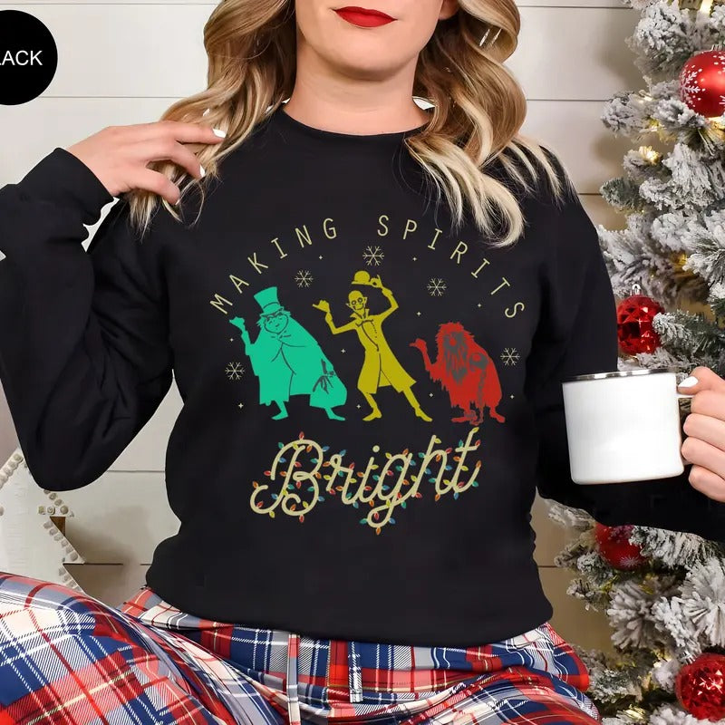 Making Spirits Bright Christmas Sweatshirt, Haunted Mansion Sweatshirt, Hitchhiking Ghosts Tee Hoodie | GrindPrints.com