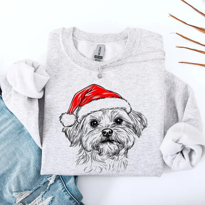 Maltese, Santa, Dog, Christmas, Dog Lover, Pet Sweatshirt, Crew Neck, Women's, Crewneck T-Shirts, Hoodie | GrindPrints.com