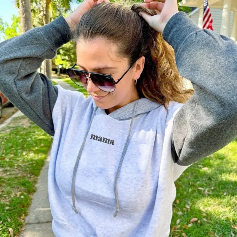 'Mama' Colorblock Hoodie - Soft Cotton Cropped Pullover for Women T-Shirts, Sweatshirt | GrindPrints.com