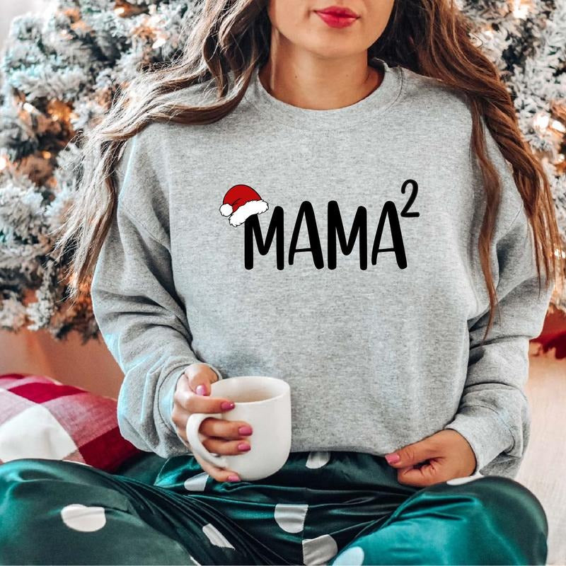 Mama 2 Mom Two Santa Hat Second Baby Reveal Xmas Party Mother Pregnancy Announcement T-Shirts, Hoodie, Sweatshirt