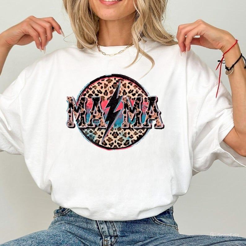Mama Bleached Shirt Pink Leopard Lightening Bolt Mom Shirt Hoodie, Sweatshirt | GrindPrints.com