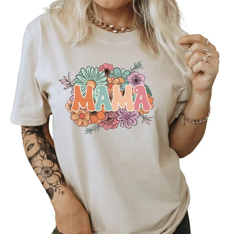 Mama Casual Everyday T-Shirt. Mama with spring flowers shirt. Perfect Mom Gift Hoodie, Sweatshirt | GrindPrints.com