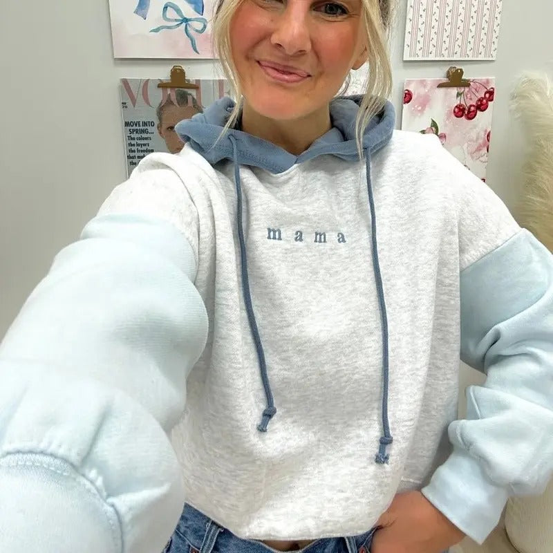 Mama Embroidered Cropped Colorblock Hoodie T-Shirts, Sweatshirt | GrindPrints.com