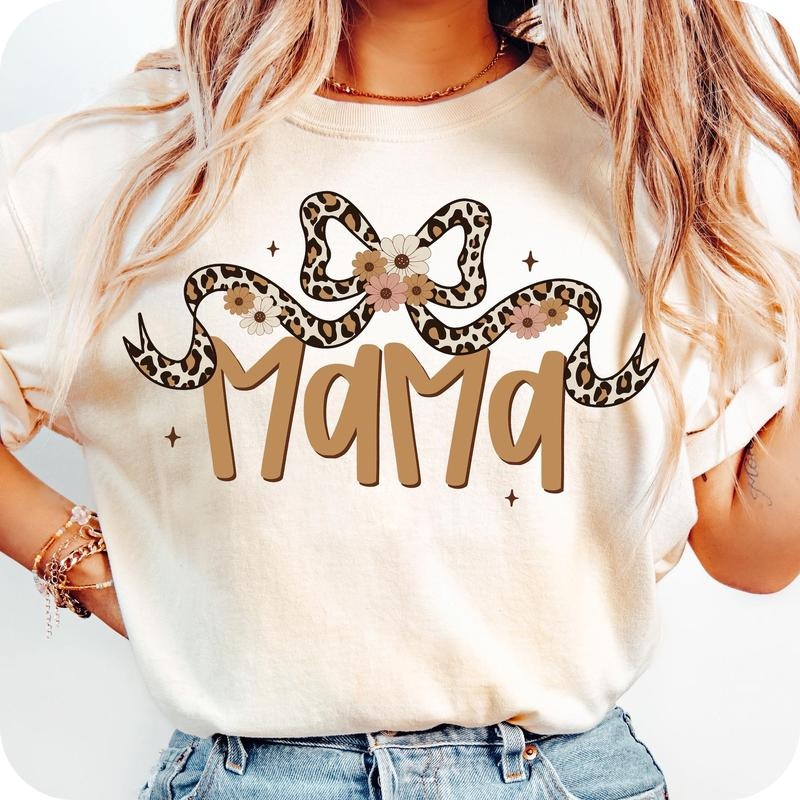 Mama Leopard Coquette T-Shirt, Mama Bow T-Shirt, Leopard Bow T-Shirt, Trendy Mama , Boho Flower Mama T-Shirt, Mama...