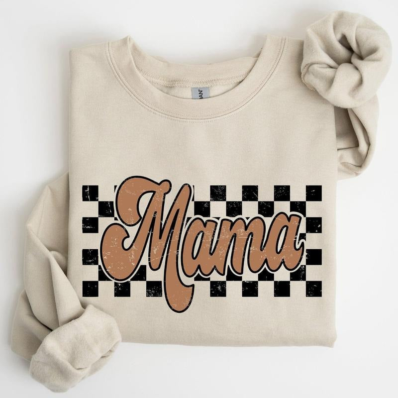 Mama Retro Checkered, Aesthetic, Vintage Sweatshirt, Women's Crew Neck, Crewneck T-Shirts, Hoodie | GrindPrints.com
