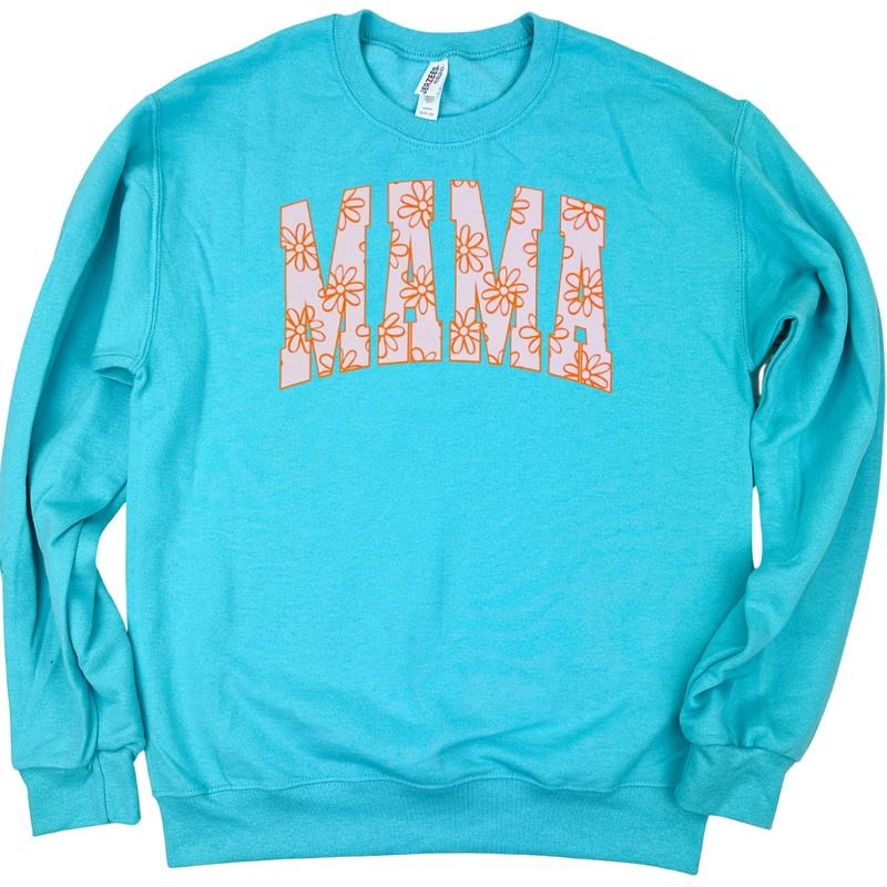Mama Retro Flowers Gildan Sweatshirt -- SCUBA BLUE T-Shirts, Hoodie | GrindPrints.com