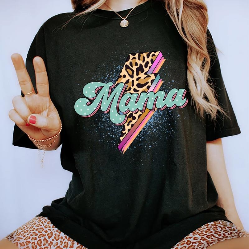 Mama Shirt, Cool Moms Shirts, Leopard Thunder Mama Tee, Leopard Mama Graphic Printed Cotton Fabric Shirts For Women,...