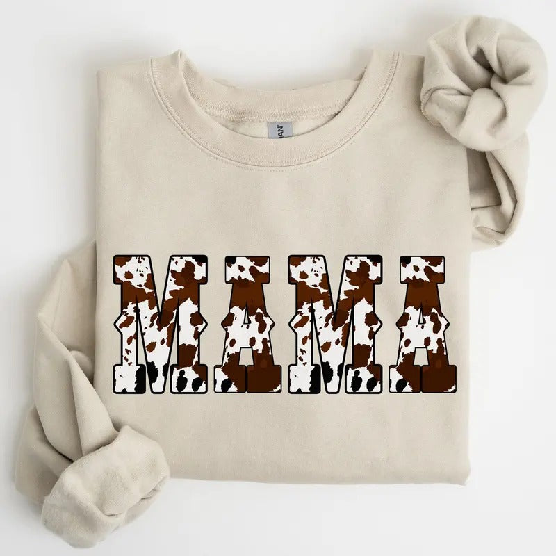 Mama, Cow Print, Western, Country, Varsity, Retro, Vintage Sweatshirt, Crew Neck, Women's, Crewneck T-Shirts, Hoodie