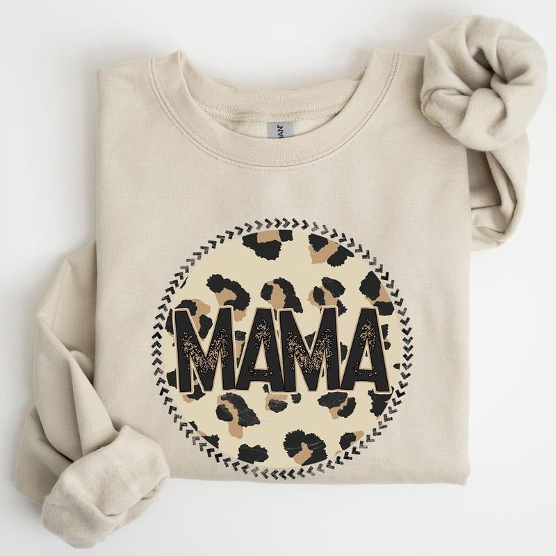 Mama, Leopard Print Circle, Western, Cowboy Sweatshirt, Crew Neck, Women's, Crewneck T-Shirts, Hoodie | GrindPrints.com