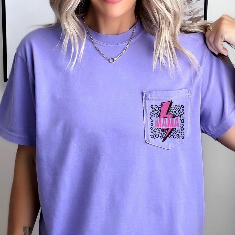 Mama, Lightening Bolt, Leopard Print, Pink, Pocket Tee, Women's Comfort Colors Tee Hoodie, Sweatshirt | GrindPrints.com