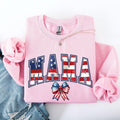 Mama, USA Flag, Patriotic, Varsity, Bow, Ribbon, America, 4th of July Sweatshirt, Crew Neck, Women's, Crewneck T-Shirts,...