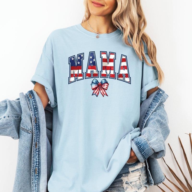 Mama, USA Flag, Patriotic, Varsity, Bow, Ribbon, America, 4th of July Tshirt, Women's Comfort Colors Tee Hoodie, Sweatshirt